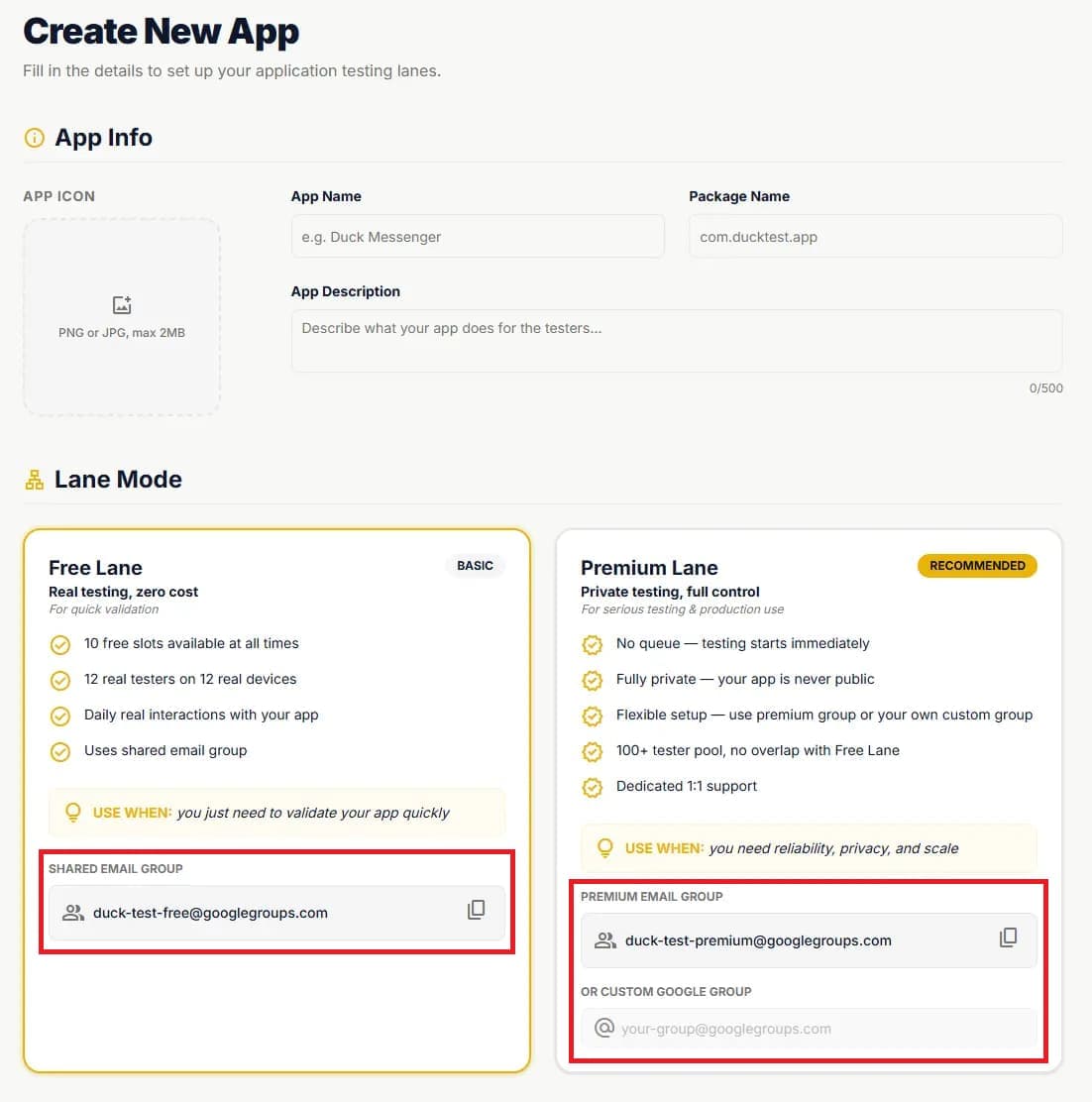 Duck Test app creation interface