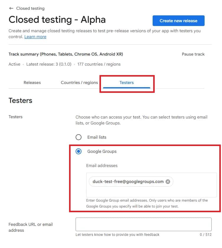 Google Play Console testing setup